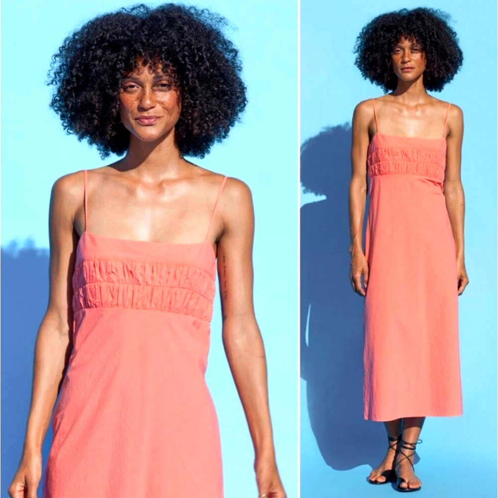 Ciao Lucia XS Ruched Nera Slip Dress $325 Midi Spaghetti Strap Cotton Coral